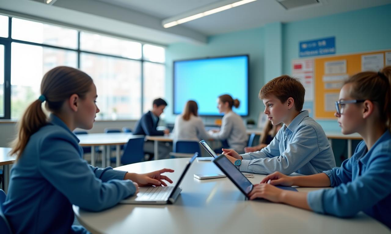 Salle de classe moderne avec des étudiants utilisant des tablettes numériques.