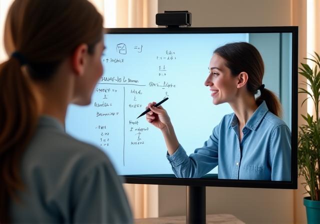 Un tuteur expliquant un concept mathématique à un étudiant par appel vidéo.
